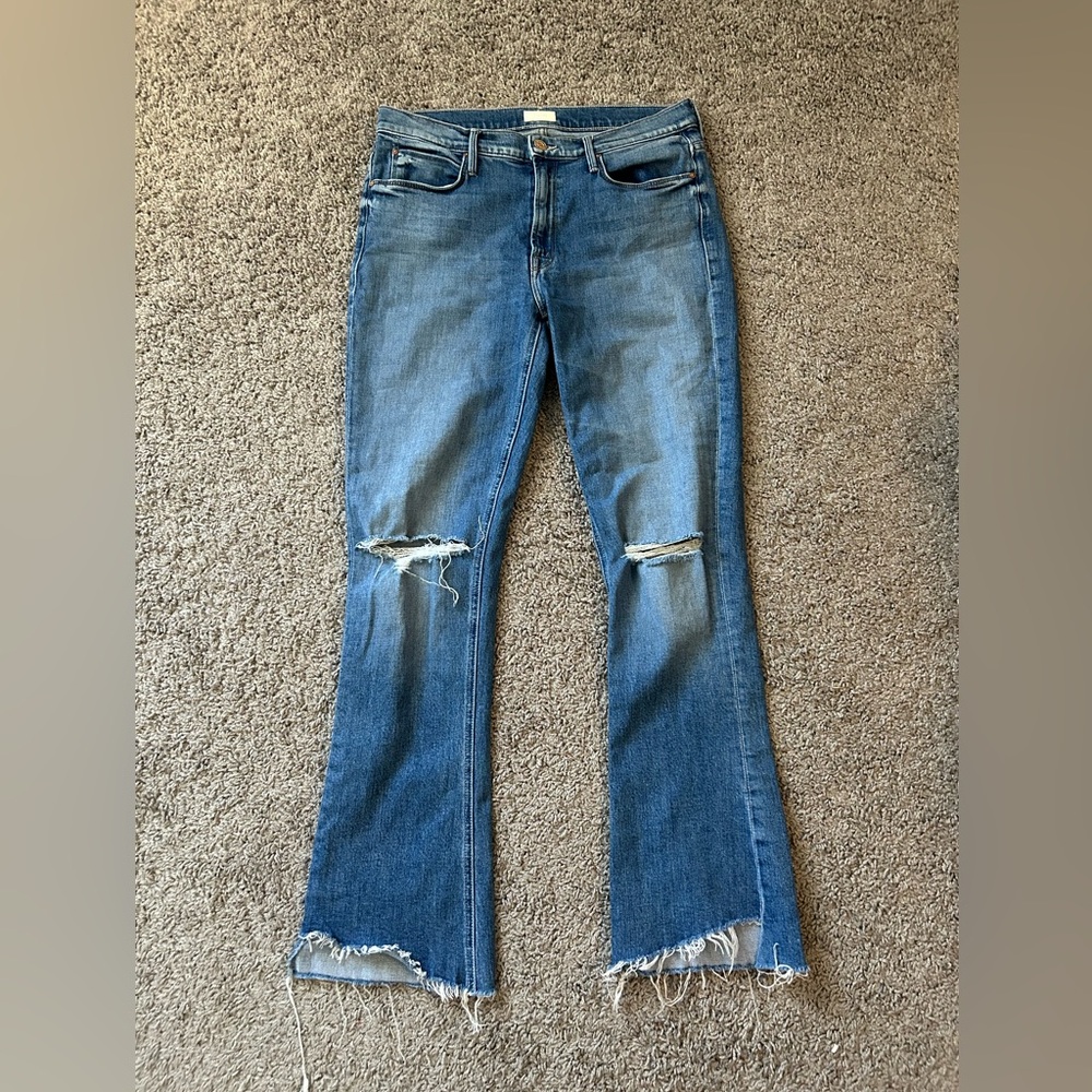 MOTHER Denim Blue Distressed Flare Jeans